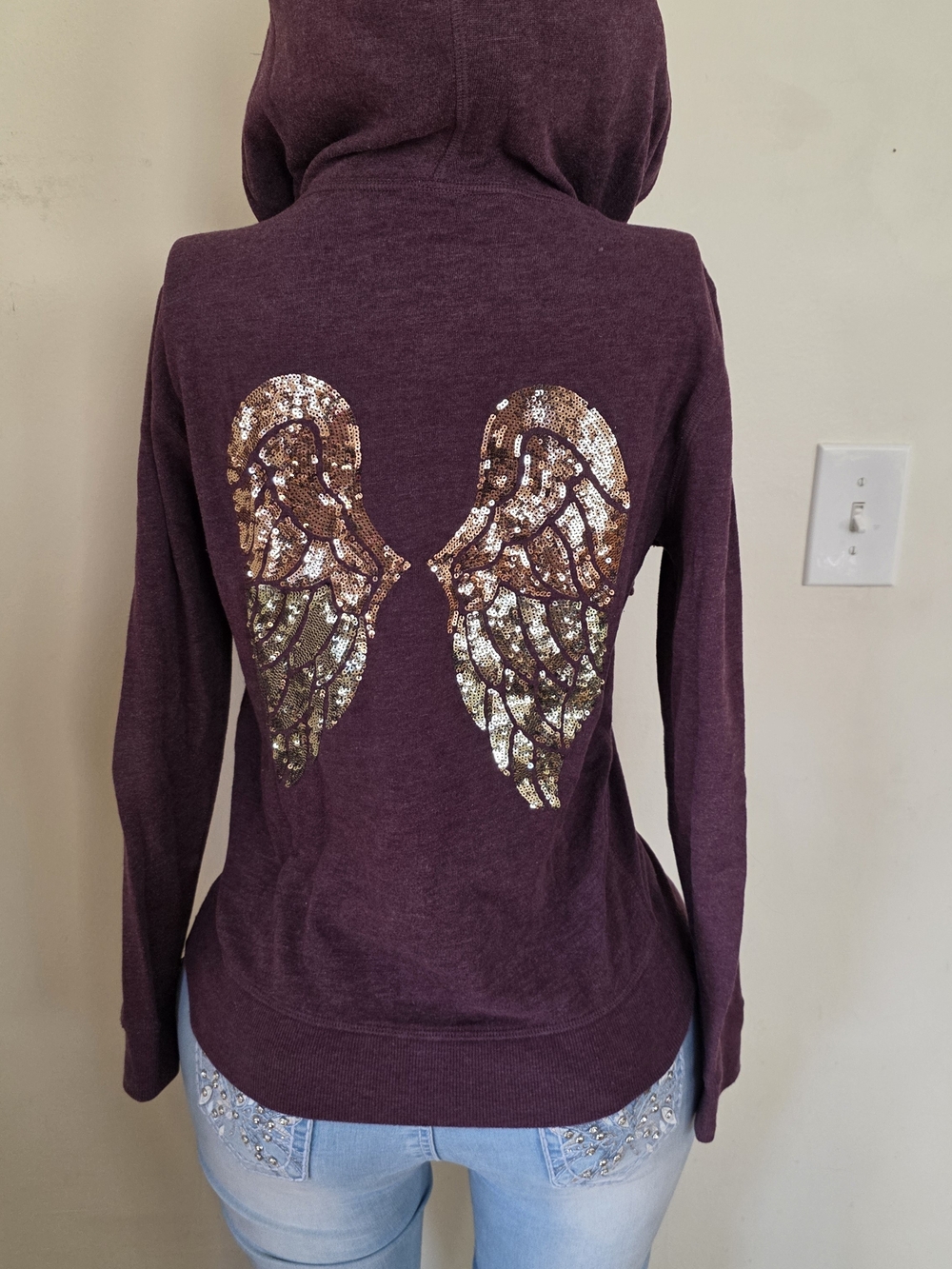 Victoria's Secret Plum Hoodie with Gold Sequin Angel Wings